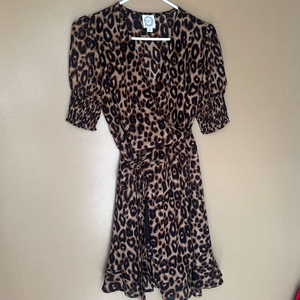 Francesca’s Blue Reign Leopard Print Wrap Dress - LG
